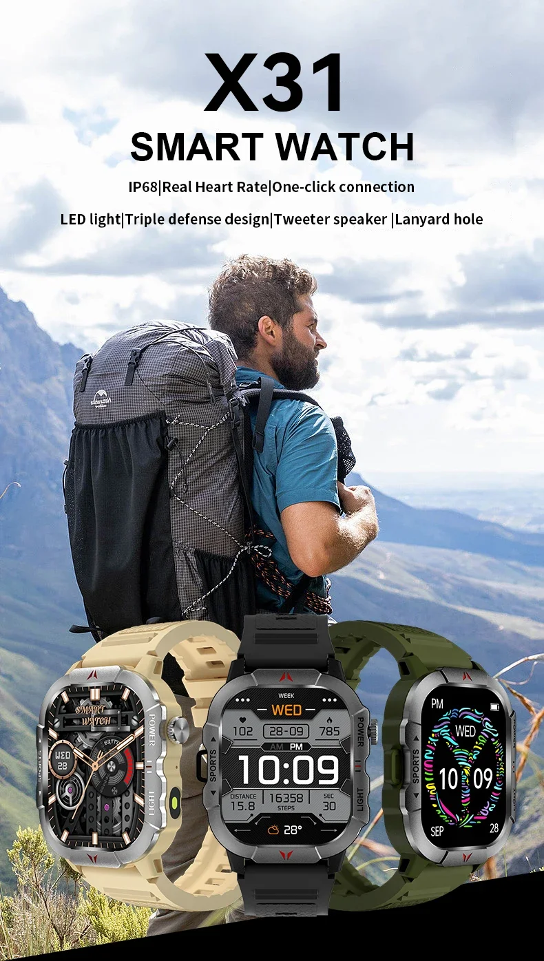 Gaines LED Light Smart Watch Men X31 Large Screen BT Call Outdoor Flashlight Health Montoring Sport Fitness Tracker Smartwatch