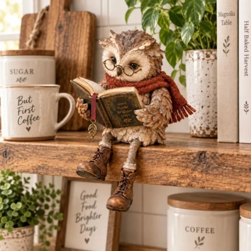 Reading Owl Figurine, Home Decorative Owl Statue With Glasses Scarf Boots Open Book, Bird Sculpture For Book Nook Shelf Decor