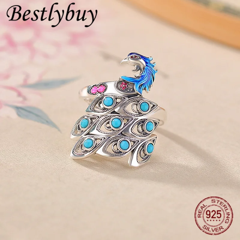 

new S925 Pure Silver Natural Turquoise Enamel Peacock Open Ring Women's Chinese Style Fashion Charm Jewelry Gift