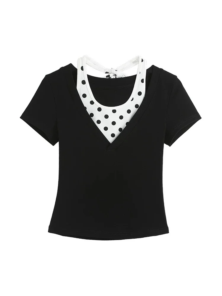 Elegant Black Polka Dot V-Neck Splice T-Shirt Women's Summer Unique Atmosphere Top Chic Style Cotton Blend Short Sleeve Tee