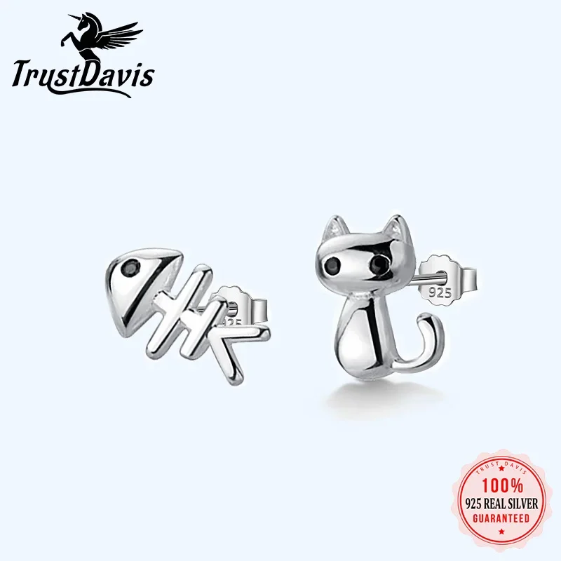 Trustdavis Genuine 925 Sterling Silver Sweet Asymmetric Cat Fish Bone CZ Stud Earrings For Women Wedding Jewelry DS2174