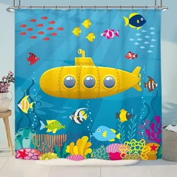 Kids Shower Curtain Bathroom Decor Cartoon Yellow Submarine Ocean Underwater Fish Sea Coral Reef Coloured Fabric Bath Curtains