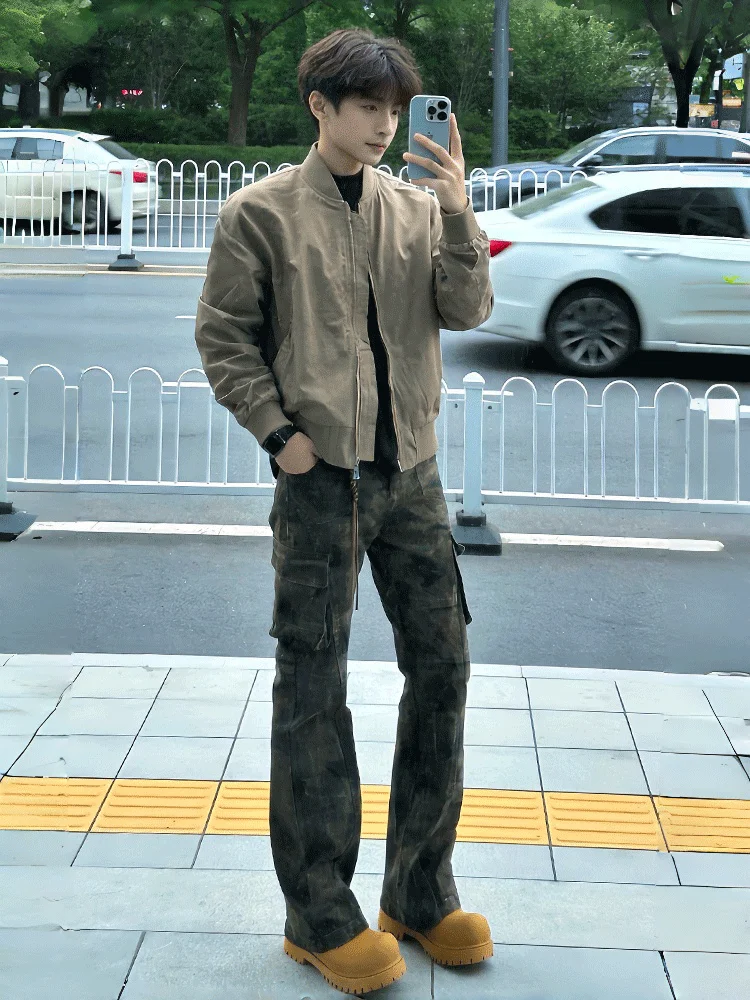 

American High Street Camouflage Work Pants Men's Spring Handsome Slim Fit Straight Leg Jeans High Waist Zipper Closure Casual...