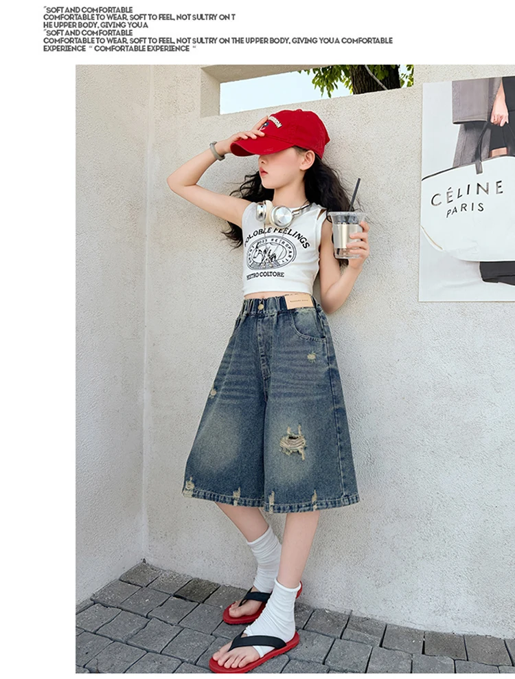 Sommer Vintage Kinder Koreanische Mode Loch-Denim-Shorts Mädchen Lässige Über-Knie-Denim-Hosen Elegante Zerrissene Mini-Jeans für Teenager – Detail 3