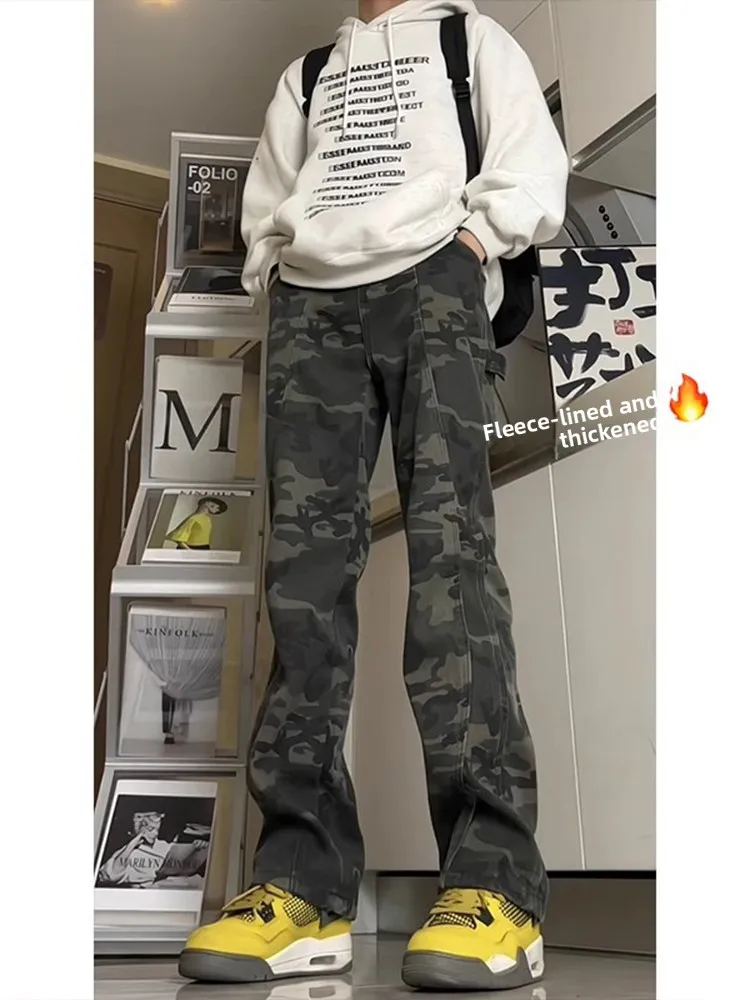 

Американские ретро-джинсы с флисовой подкладкой, камуфляжные, мужские, весна-осень, деконструированные, прямые, рабочие, в стиле лесоруба