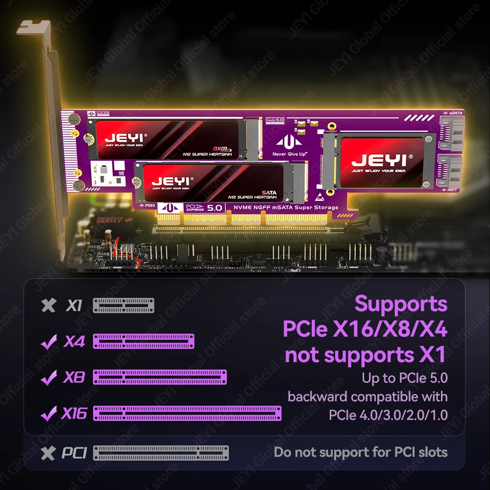 JEYI Triple M.2 NVME to PCIE/M.2 SATA SSD to SATA III/mSATA to SATA Adapter Card NVMe NGFF and MSATA SSD for PCIe X4 X8 X16 Slot