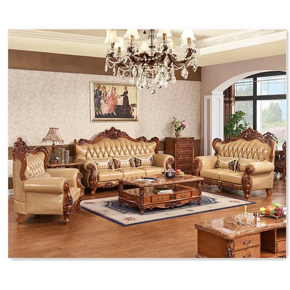 European-Style Luxury Living Room Sofa Solid Wood Double-Sided Carved High-Grade American-Style Top-Layer Cowhide New Furniture