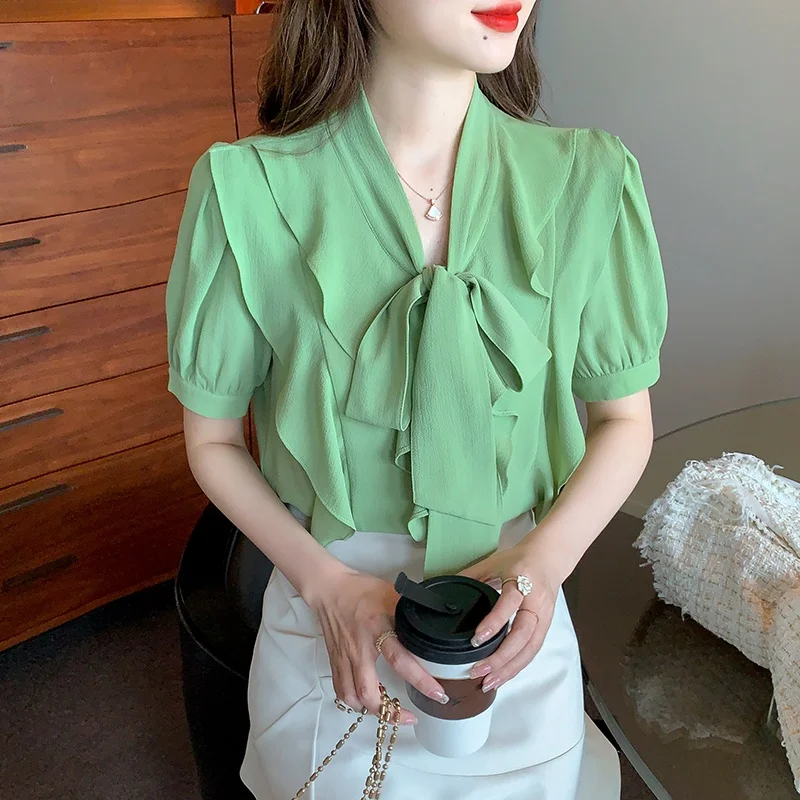 

Fashion 2022 Summer New Shirt Ladies Chiffon Short Sleeve Women Green Blouse Top