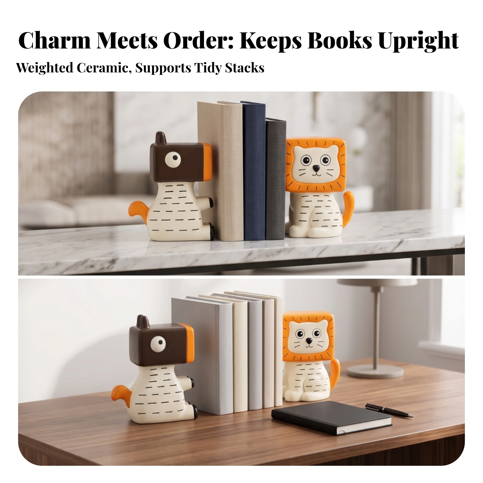 2 Pieces Horse and Lion Bookends Sturdy Animal Bookends Book Stopper Decor Long-Lasting Shelf Ornaments Compact for Avid Readers