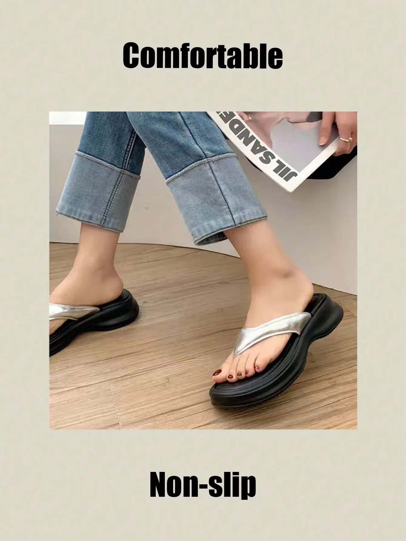 Sommerliche silberne Flip-Flops mit dicker Sohle, Damen-Slides mit Absatz, weiche, rutschfeste, lässige Plateau-Sandalen – Detail 3