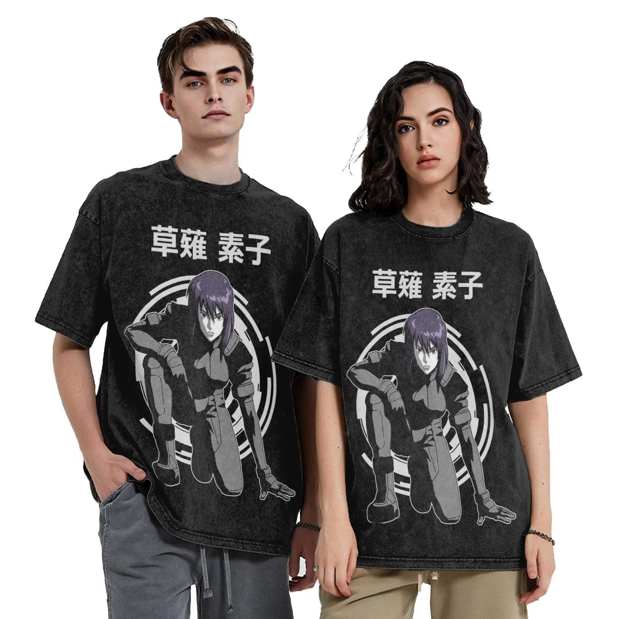 Ullzang Motoko Kusanagi Ghost in the Shell    Vintage Washed Tshirts Round Neck Short Sleeve Tops  100%Cotton Summer Top Tee