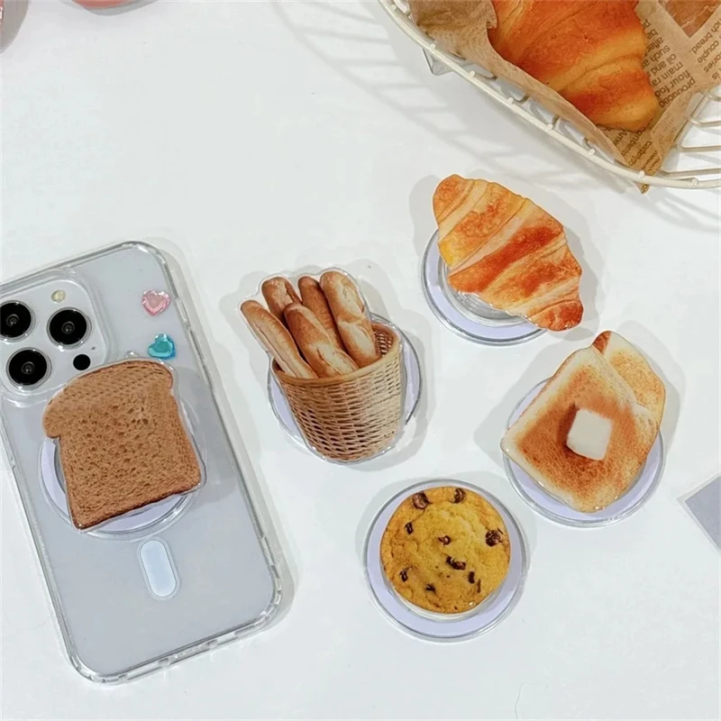 

Korean Cute Bread For Magsafe Magnetic Phone Griptok Grip Tok Stand For iPhone 15 Foldable Wireless Charging Case Holder Ring