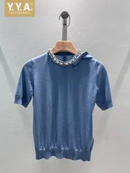 Office Ladies Summer Diamonds Collar Bowknot Knitted T-Shirt Women French Style Short Sleeve Pullover Tees Tops Knitwear T-Shirt