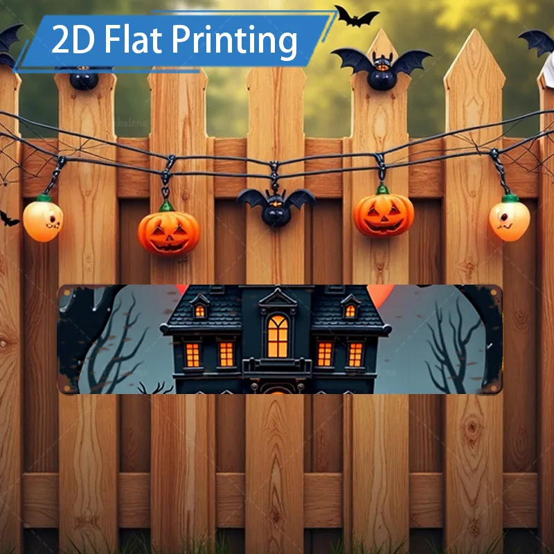 1 قطعة 4x16 بوصة علامة معدنية للهالوين 2D علامة معدنية مسطحة-ديكور منزل مخيف وأضواء اليقطين