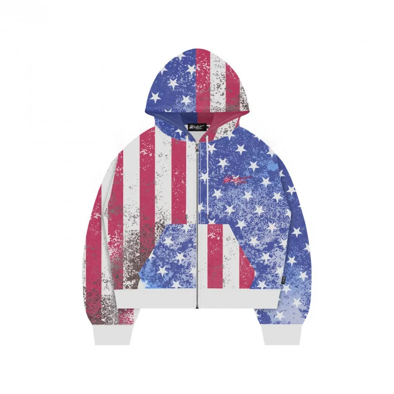 Retro American Star Striped Flag Pattern Zipper Hoodie Oversized Loose Fit Sweatshirt with Pockets Long Sleeve Street Wear Jacke