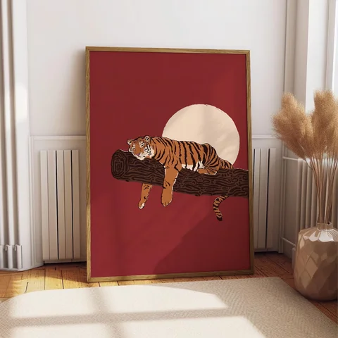 Sleeping Tiger Print, Retro Moon Tiger Wall Art, Bold Red Amber Wildlife Poster, Resting Tiger On Branch Decor, Eclectic Big Cat