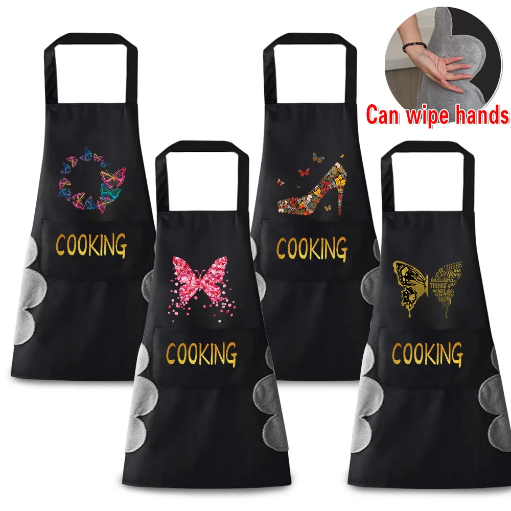 Household Kitchen Apron Women Men Oil-proof Waterproof Adult Bib Butterfly Series Coffee Beauty Work Apron Wipe Hand Overalls