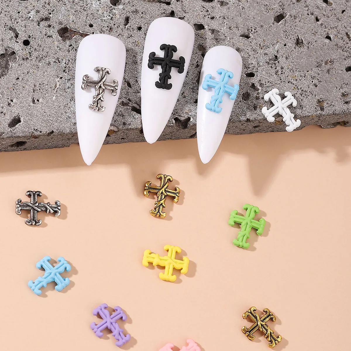 80 pcs / 1 Box Vintage Cyberpunk Wind Y2K Metal alloy Cross macaron Colored Cross Nail Art Patch Set