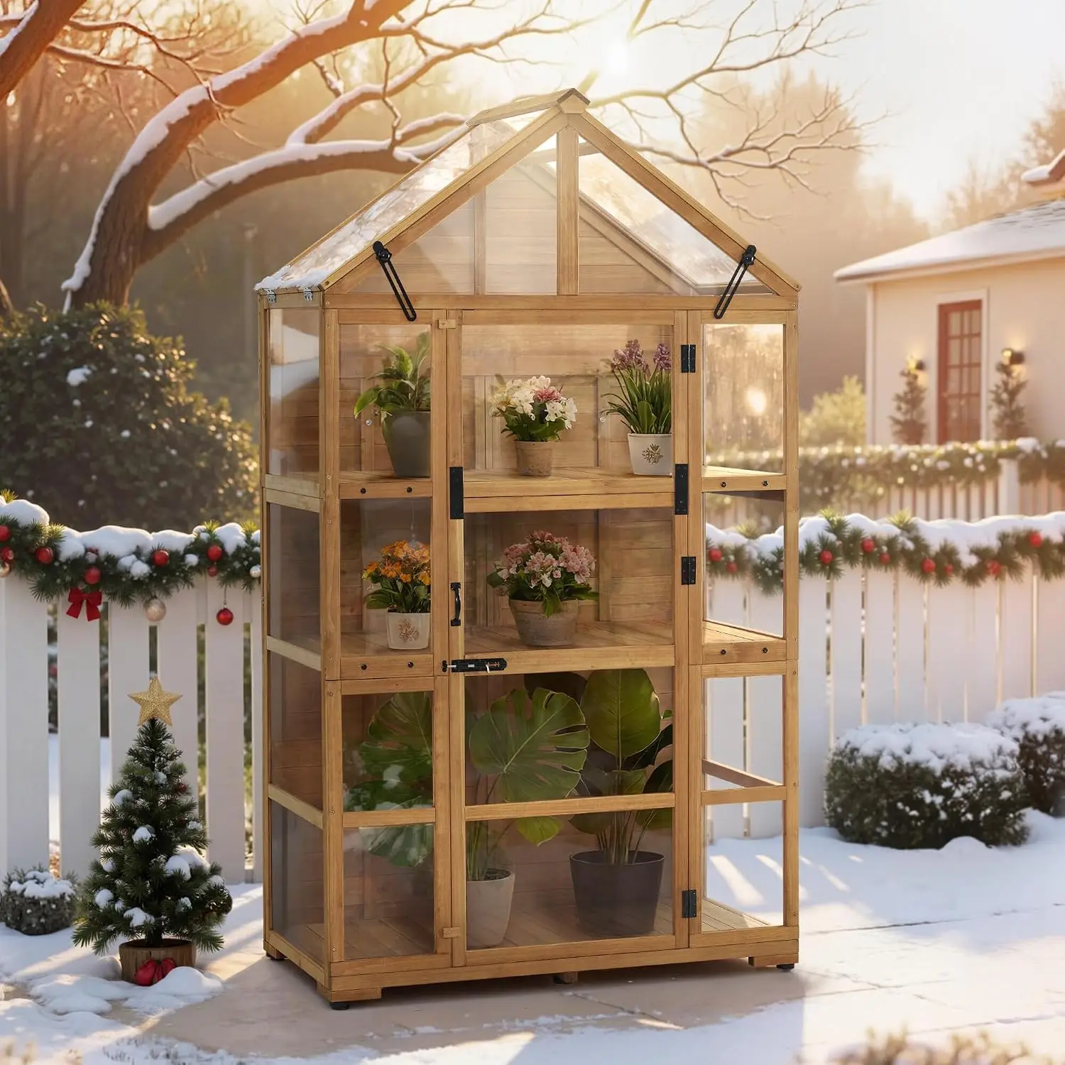 Wooden Greenhouse with Roof & Adjustable Shelves, 0826 (Natural), Customized