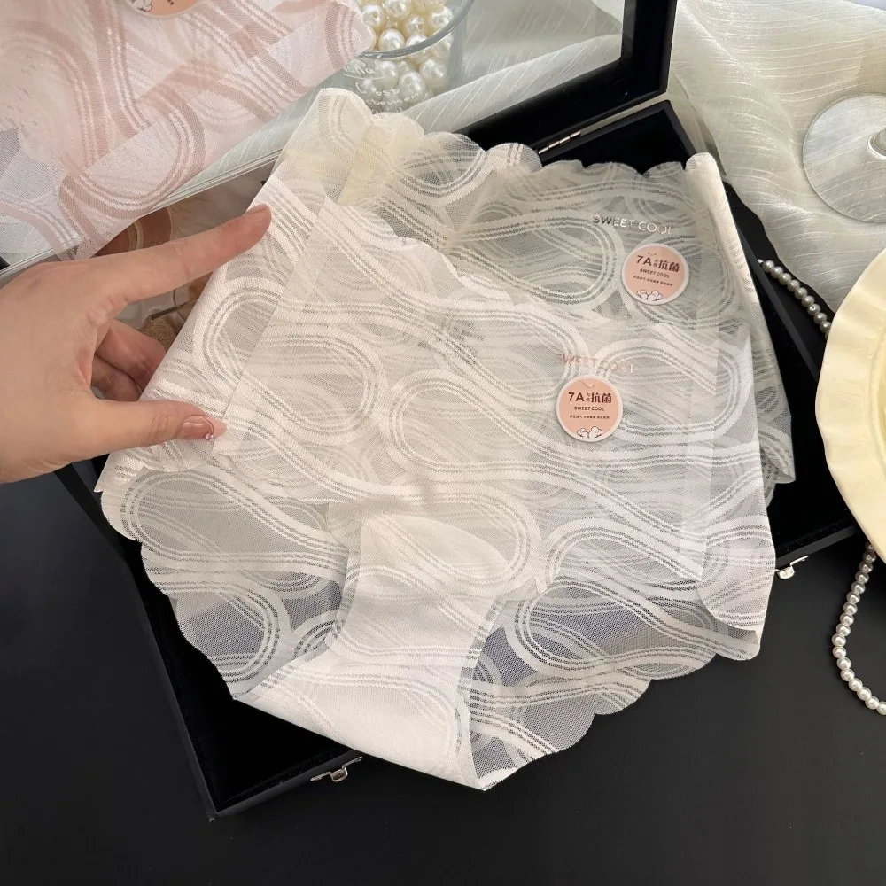 Comfortable Sweet Lace Mesh Panties Mid Waist Thin Seamless Briefs Transparent Cotton Crotch Underwear for Women Gift