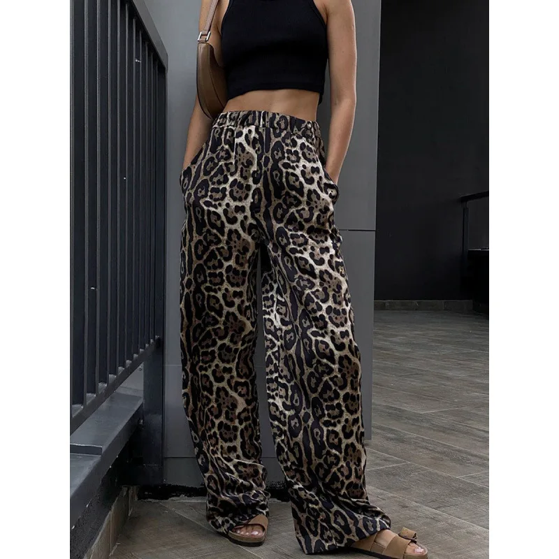 Summer New Fashion Leopard Print Women High Waisted Wide Leg Pants Loose Floor Length Casual Capris