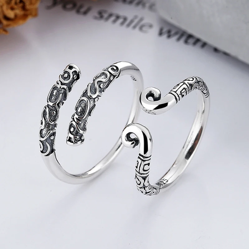 S925 Pure Silver Black Wukong Couples Rings - Unique Vintage Tightening Spell And Golden Staff Ring Design