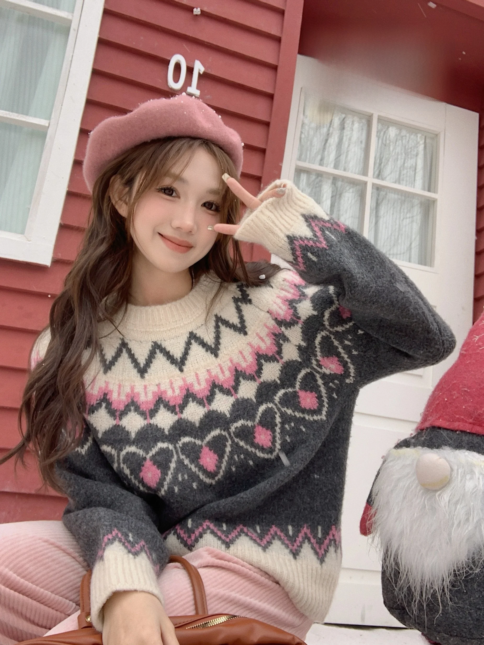

Sweet Sle Thiened, большой трикотаж Fair Isle, женский зимний мягкий уютный свободный крой, длинный топ све, корейская версия