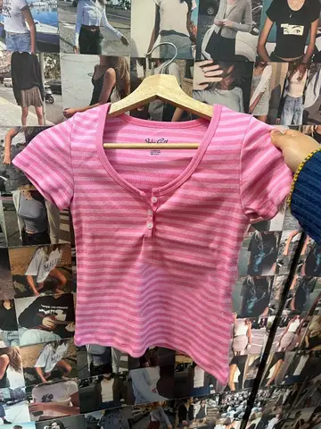 Pink Striped Slim Buttons T-shirts Women New Cotton O-neck Casual Simple Basic Short Sleeve Tees Sweet Cute Girls Tshirt Y2K Top