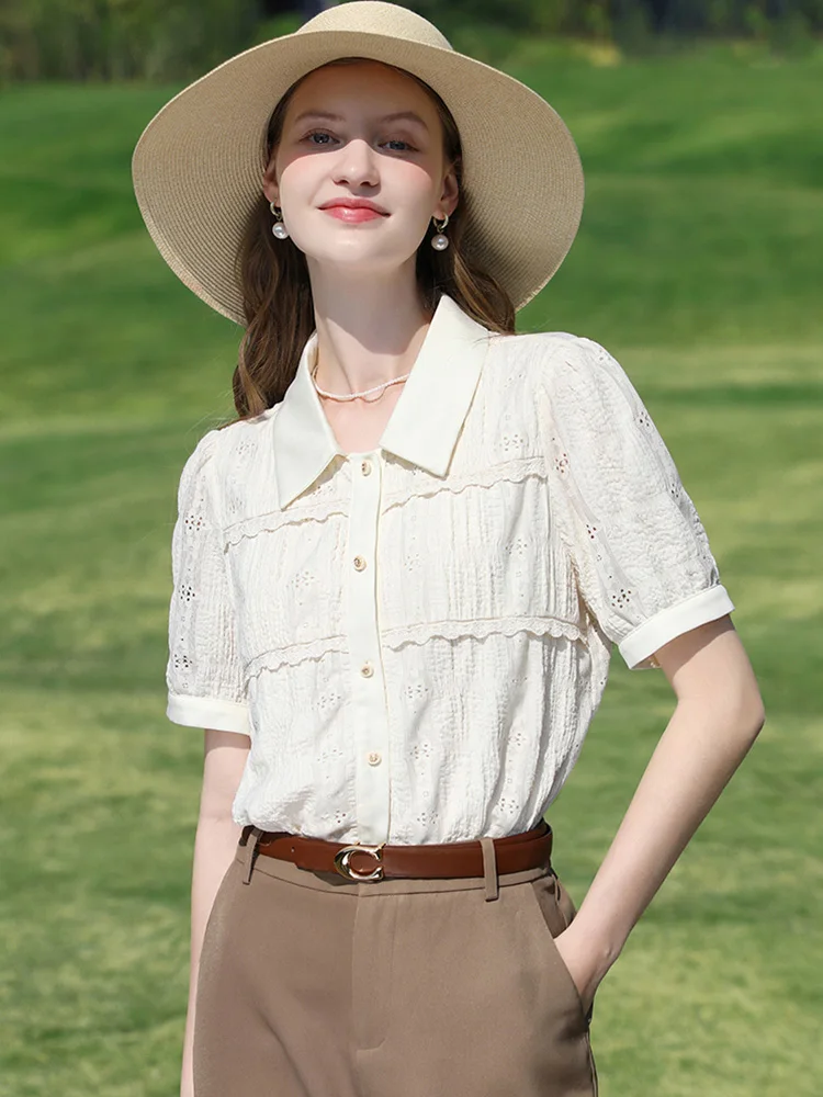 I BELIEVE YOU ผู้หญิง Apricot ลูกไม้ฝรั่งเศส Jacquard เสื้อ 2025 ฤดูร้อน Lapel ประณีตปุ่มเดี่ยว Breasted Tops 2252056026