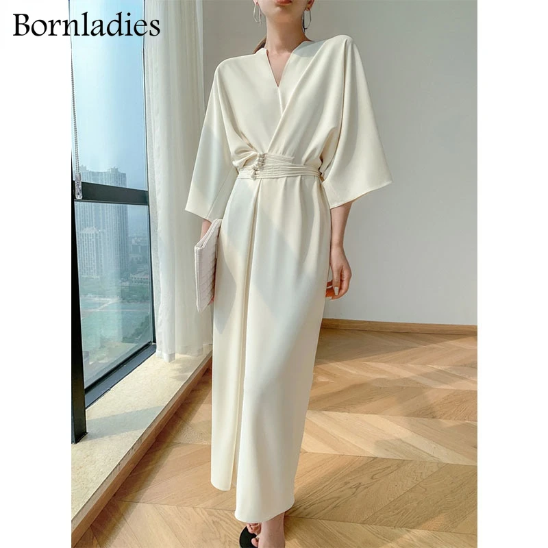 Bornladies Spring Autumn 2022 Women\'s Stylish Long Sleeve Sexy V-neck Slim Waist Dress Ladies Retro Long Party Vestidos