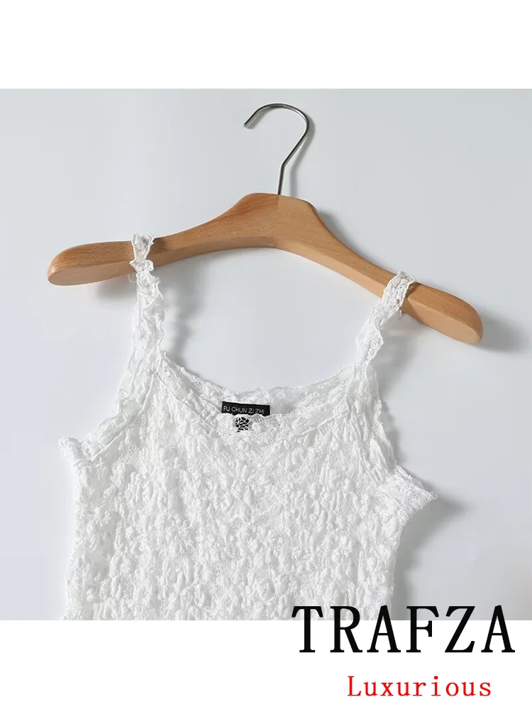 TRAFZA Solid Pleated Women Vest Lace Mesh Sleeveless Short Vest Fashion 2025 Spring Summer Holiday Female Tops