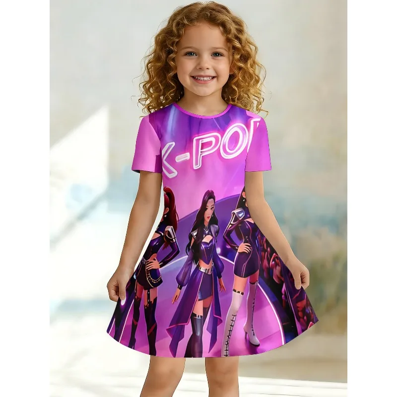 Girl K-Pop Idol Group Neon Print Dress, Purple Stage T-shirt Dress, Suitable for Children's Birthdays, Gifting and Parties