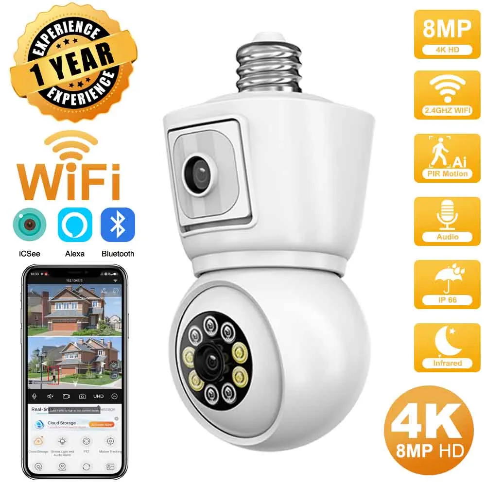 icsee camera de seguranca exterior lente dupla tela dupla rastreamento automatico audio bidirecional visao noturna colorida wifi 4k 8mp lampada e27 01