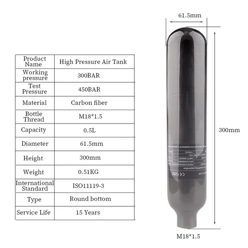 Imagen 2 del producto Cilindro de Gas de fibra de carbono HPA, tanque de aire de 300BAR, 4500PSI, M18 x 1,5, estación de botella, Softair, CO2, Soda, Acuario de buceo, 0,5 l, 500cc
