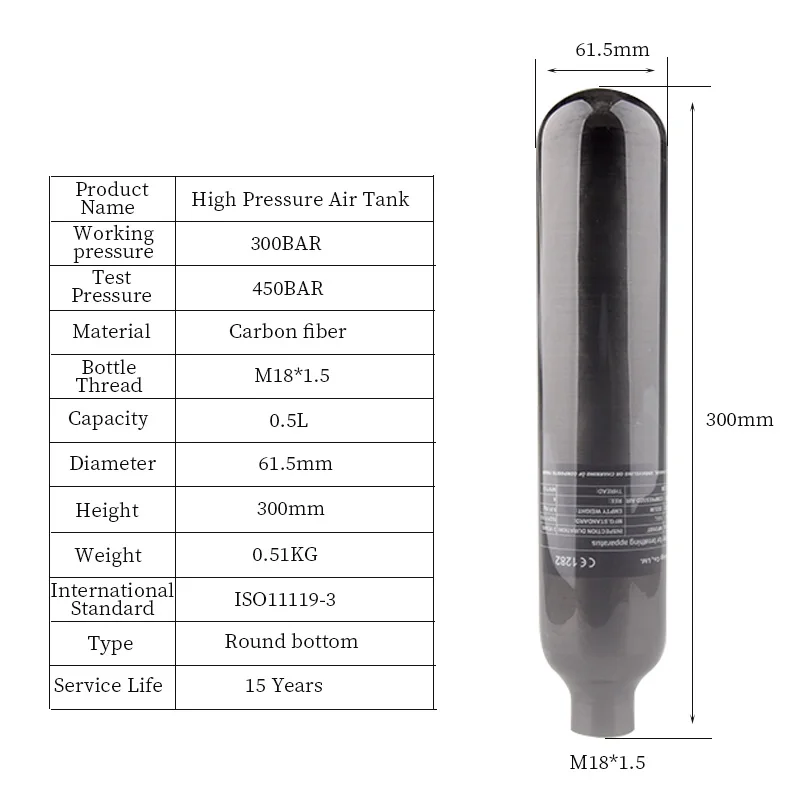 Imagem -02 - Hpa-fibra de Carbono Cilindro de Gás Air Tank Bottle Station Softair Co2 Soda para Mergulho Aquarium M18 1.5 0.5l 500cc 300bar 4500psi