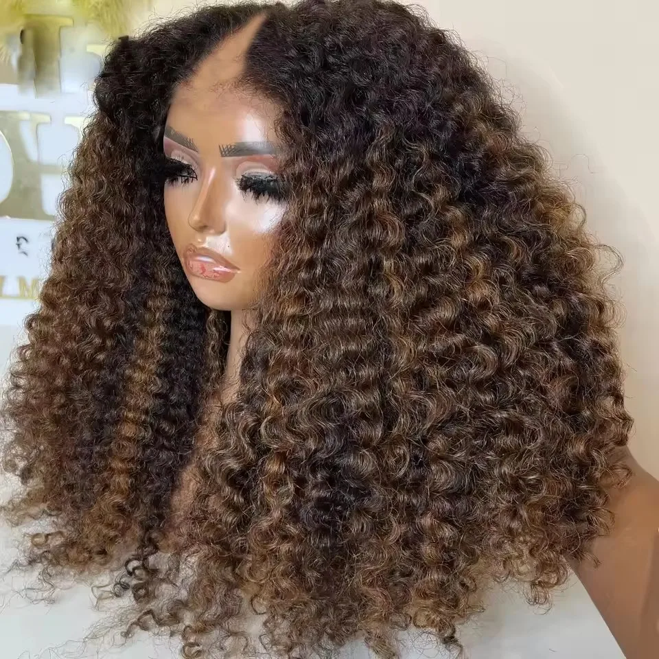 250Density Highlight Ash Blonde Full Afro 3C Kinky Curly Women 100% Human Hair 1x4 V Shaped Wigs Ombre Chestnut Brown U Part Wig