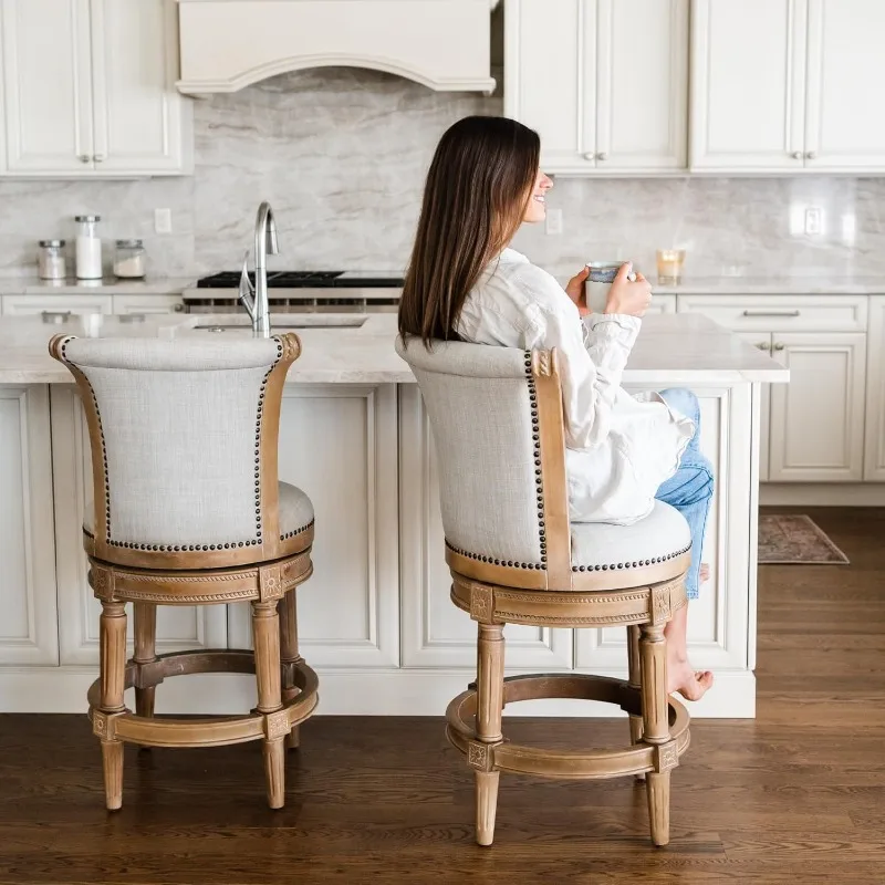 Pullman 31 Inch Tall Bar Height Upholstered Barstool with Back in Weathered Oak Finish with Sand Color Fabric Cushion Seat