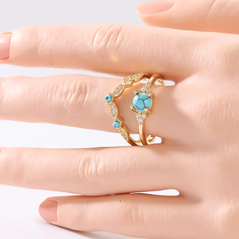 2pcs/set Women' Light Luxury Exquisite Ring Set Inlay Synthetic Turquoise Banquet Dinner Party Ring Fashion Elegant Jewelry