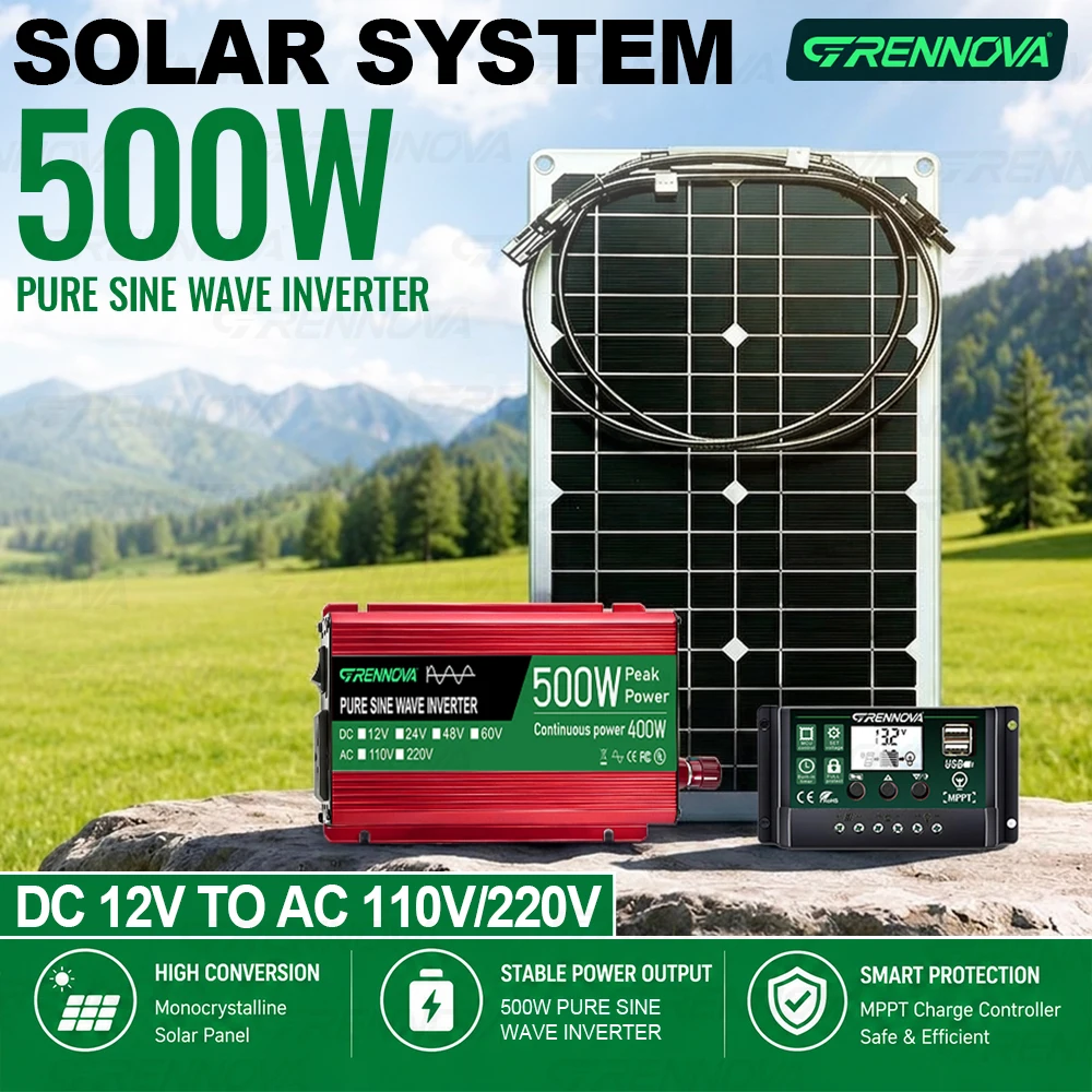 

Pure Sine Wave Solar Station 80W Panel 60A Controller Inverter (Peak 500W Continuous 400W) 12V To 110V 220V for Power Home RV