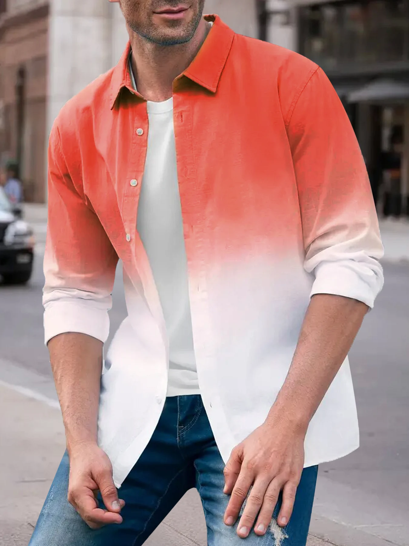 Men's Gradient Color Lapel Long Sleeve Shirt Spring Fall Loose Casual Commute Outerwear