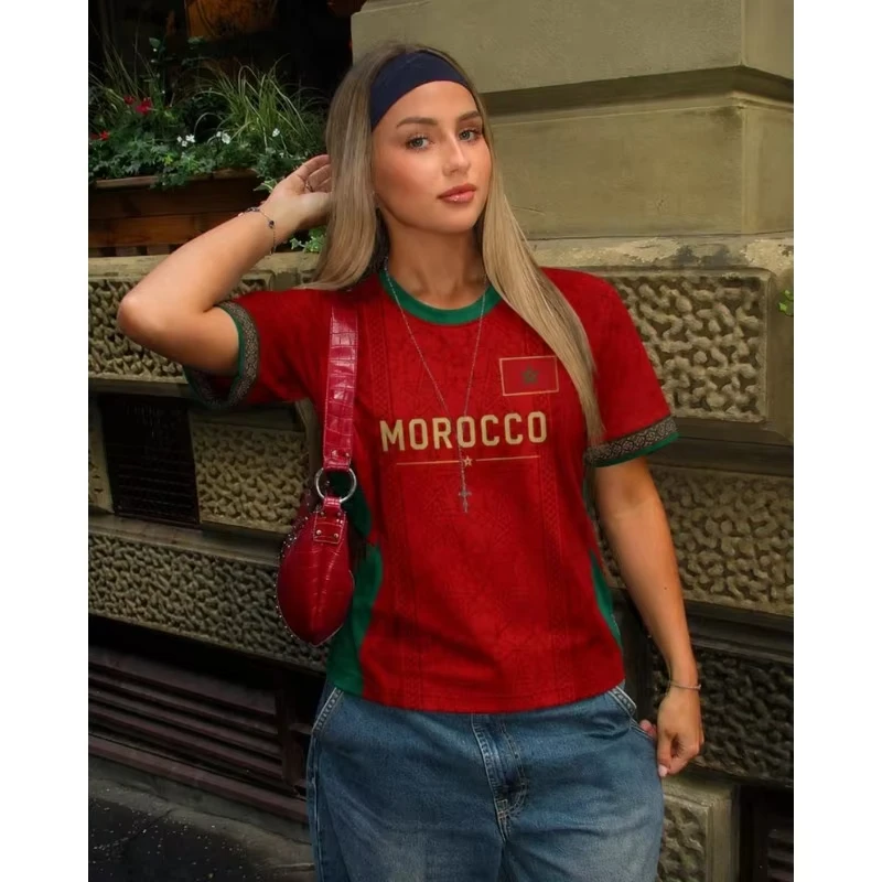 Women Morocco National Team Soccer Jersey Red Green Geometric Print Short Sleeve Football Tee Quick Dry Fan Match Training