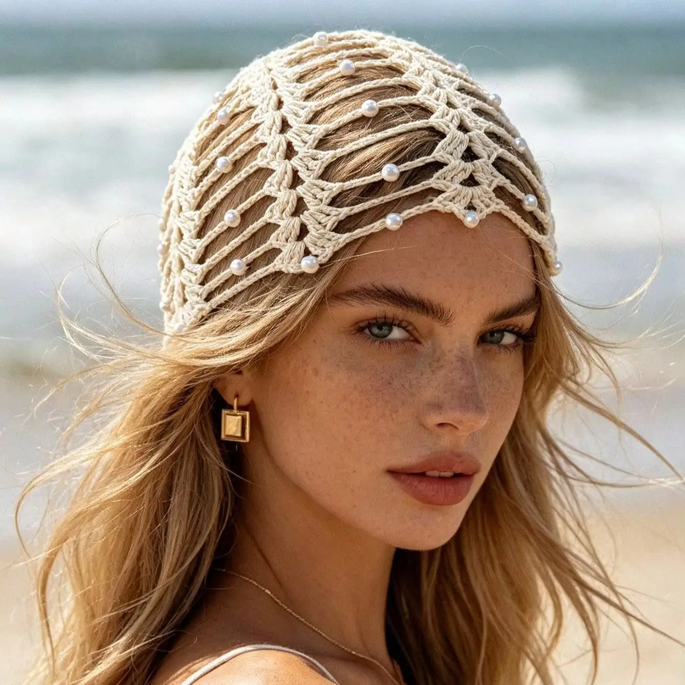 1pc Women's  Bohemian Y2K Detachable Shell Handmade Knitted Hat Hollow Out Beanie Suitable For Daily Streetwear Vacation
