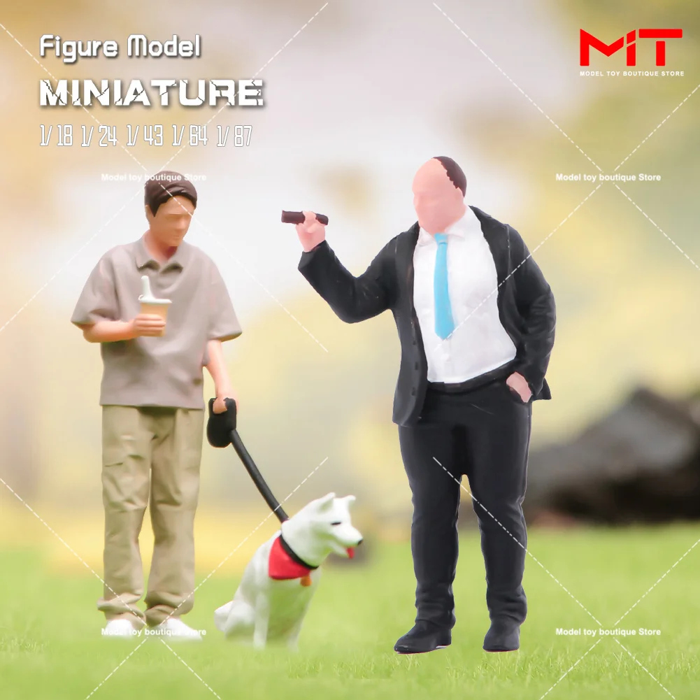 Painted Miniature 1/87 1/64 1/43 1/24 1/18 Bald Chubby Man Smoking Male Walk a Dog Figure Mini Doll Scene Prop Model Decor Craft