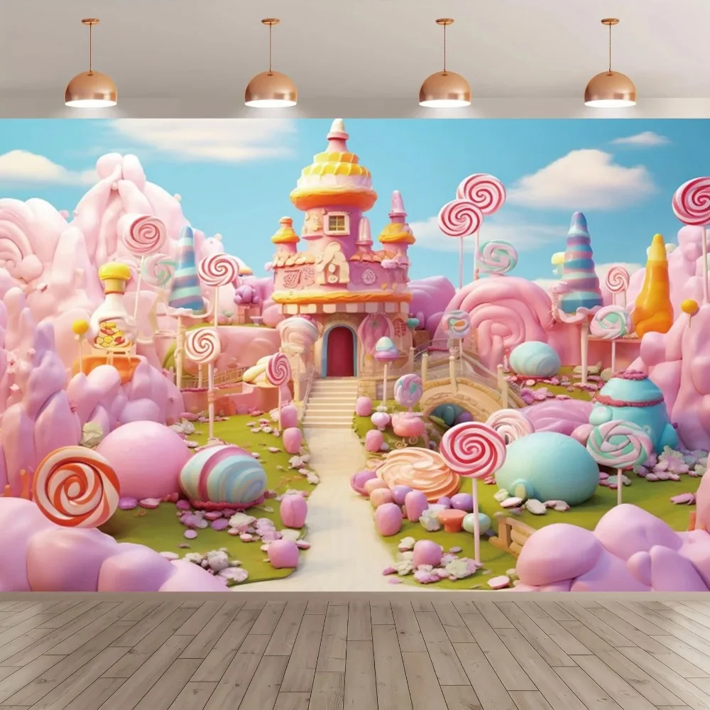 

Princess Castle Candy House Balloon Flower Photography Background, Girl Birthday Family Portrait Decoration Photography Backdrop