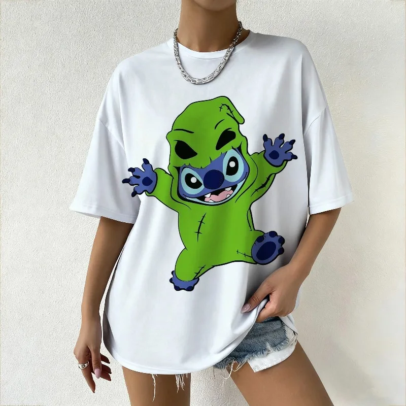 여성용 디즈니 스티치 할로윈 그래픽 티셔츠, 미국 트렌디 스트리트웨어, 무서운 '부!' 소리 포함 여름 패션 탑 Y2k 프린트