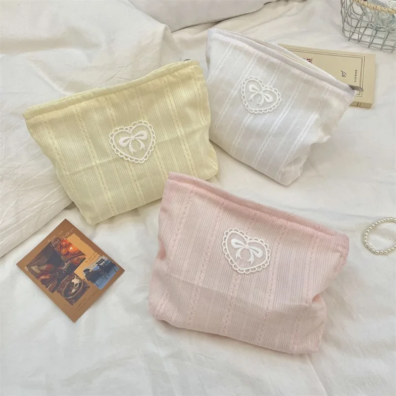 

INS Simplicity Korean Cosmetic Bag for Girl Sweet Embroidery Bow Striped Makeup Case Portable Travel Earphone Cable Storage Bag
