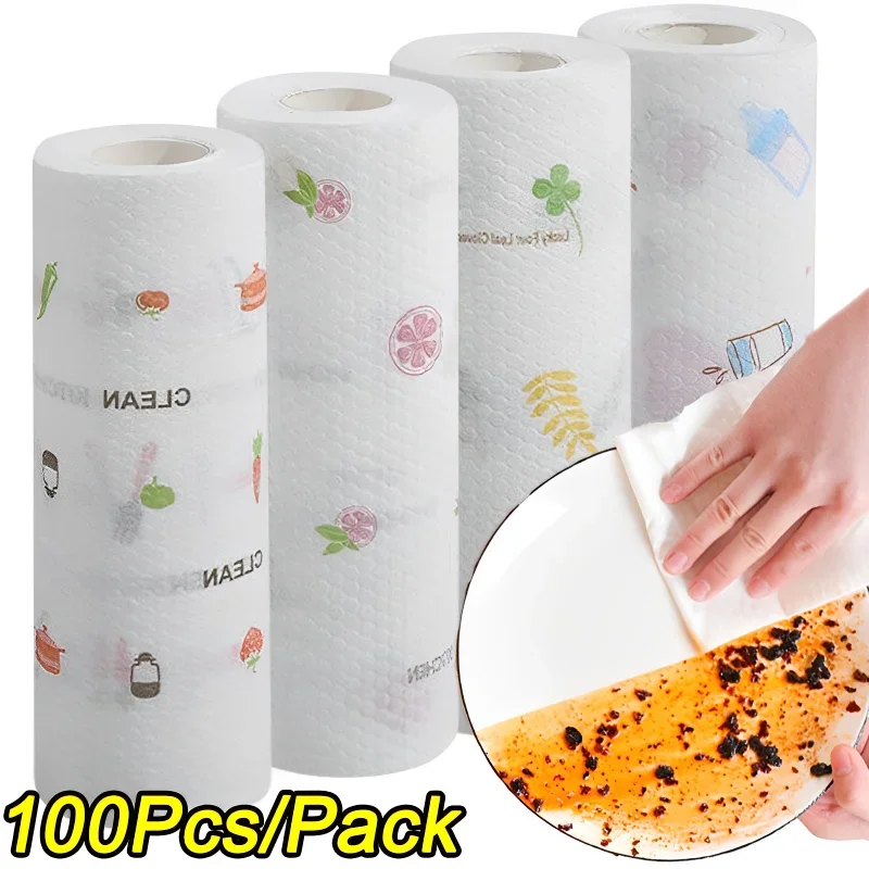 100/50PCS Disposable Lazy Rags Kitchen Rags Washable Kitchen Paper Wet  Dry Printed Dish Cloth Towels Kitchen Cleaning Supplies