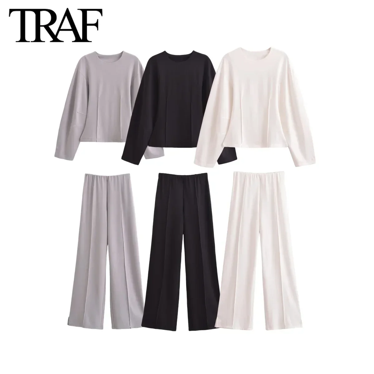 TRAF-Conjunto de dos piezas para Mujer, moda de otoño, tela de doble cara, Top de manga larga con cuello redondo, pantalones informales, Tops elegantes para Mujer