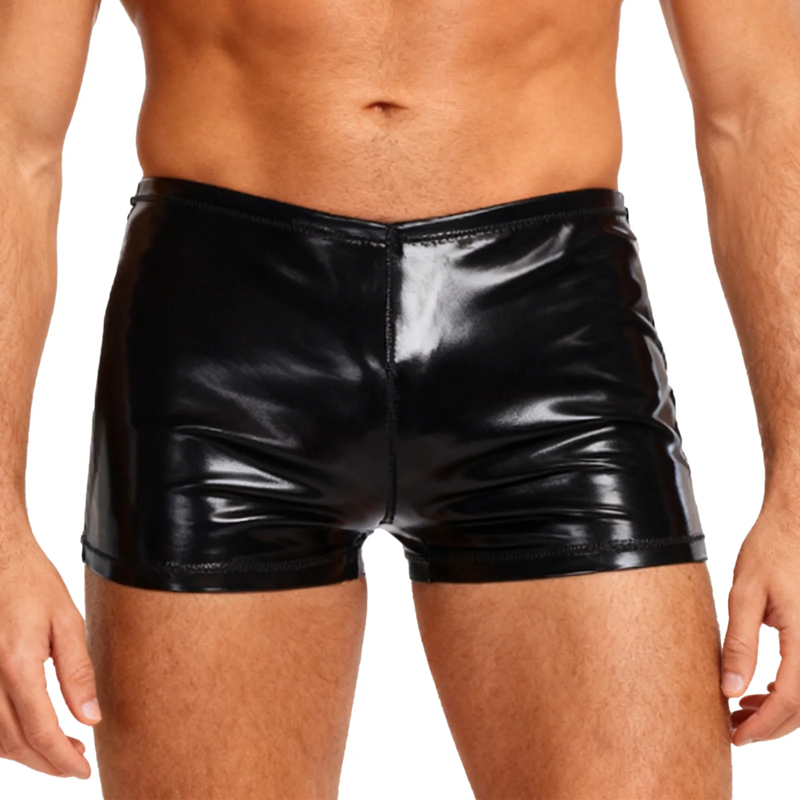 Mens Glossy PU Boxer Shorts Waterproof Latex Hot Pants Classic Black Shorts Bodycon Underwear Clubwear for Pole Dance Rave Party