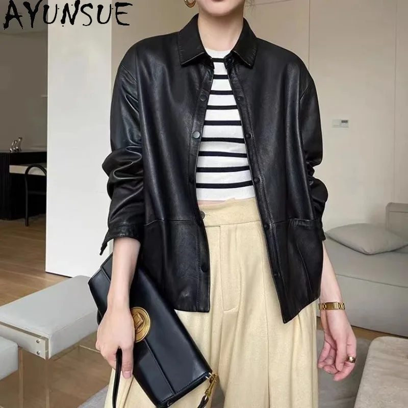 AYUNSUE Real Leather Jacket Woman Fashion Casual Sheepskin Jacket Shirt Collar Black Outerwears Woman Clothes Spring Autumn